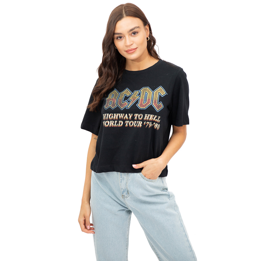 AC/DC Ladies - Highway To Hell Logo - Boxy Cropped T-shirt - Black
