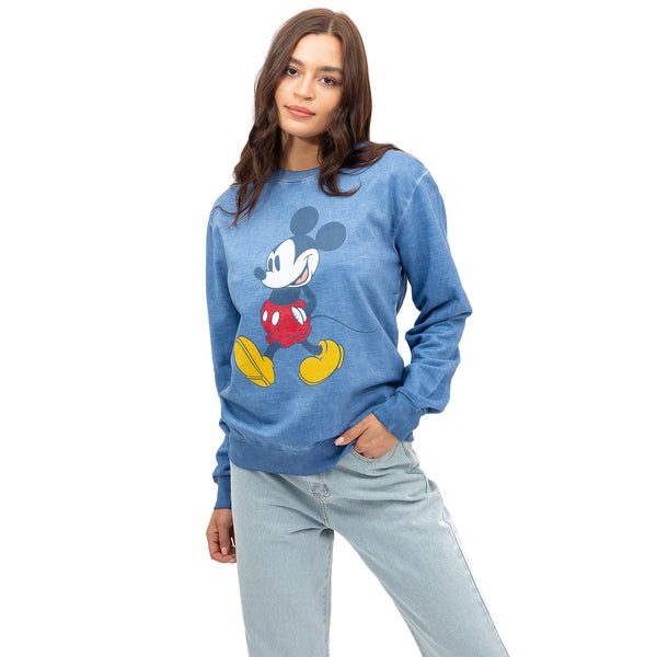 Disney Ladies - Mickey Mouse Strides - Washed Crew Sweat - Vintage Blue