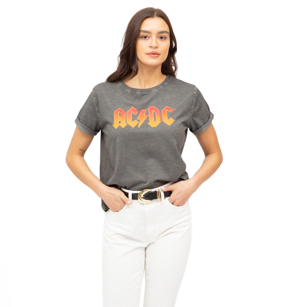 AC/DC Ladies - Fire Logo - Acid Wash T-shirt - Vintage Charcoal