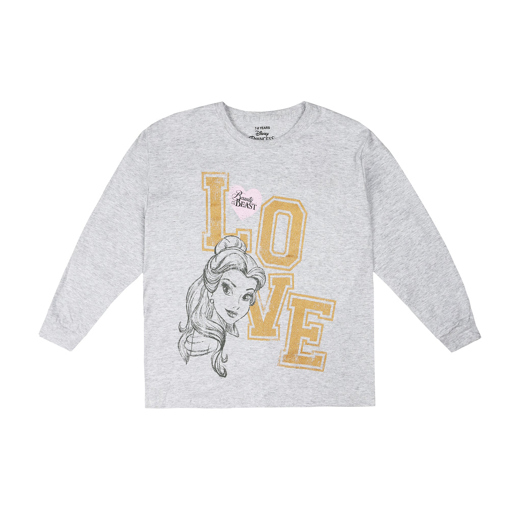 Disney Girls - Beauty And The Beast - Belle Love - Long Sleeve T-shirt - Sport Grey - CLEARANCE