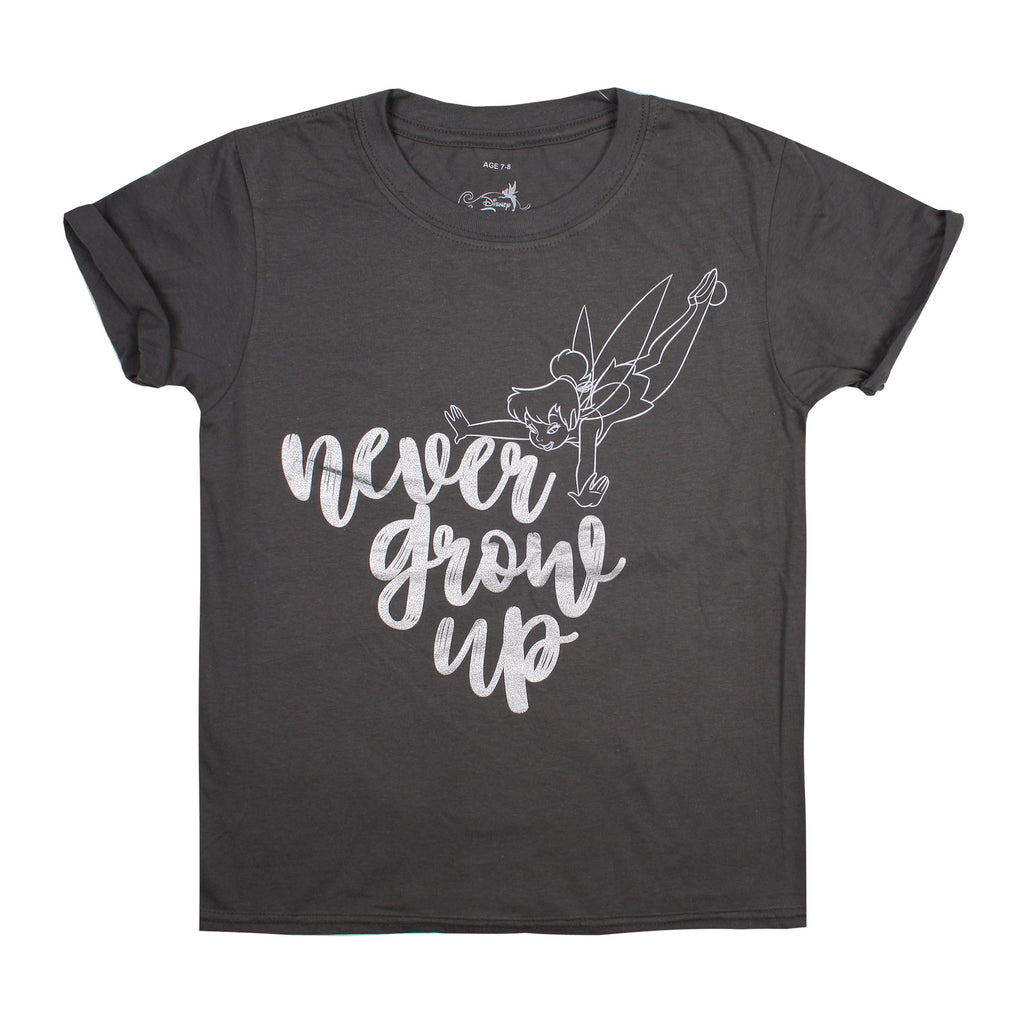 Disney Girls - Tinkerbell - Never Grow Up - T-shirt - Charcoal - CLEARANCE