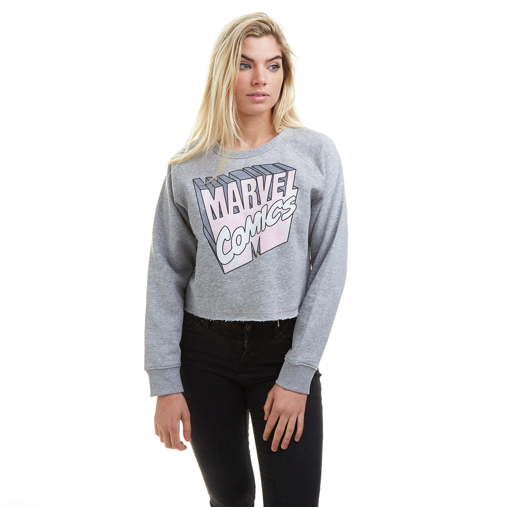 Marvel Ladies - Retro 3D Logo - Cropped Sweatshirt - Grey Marl