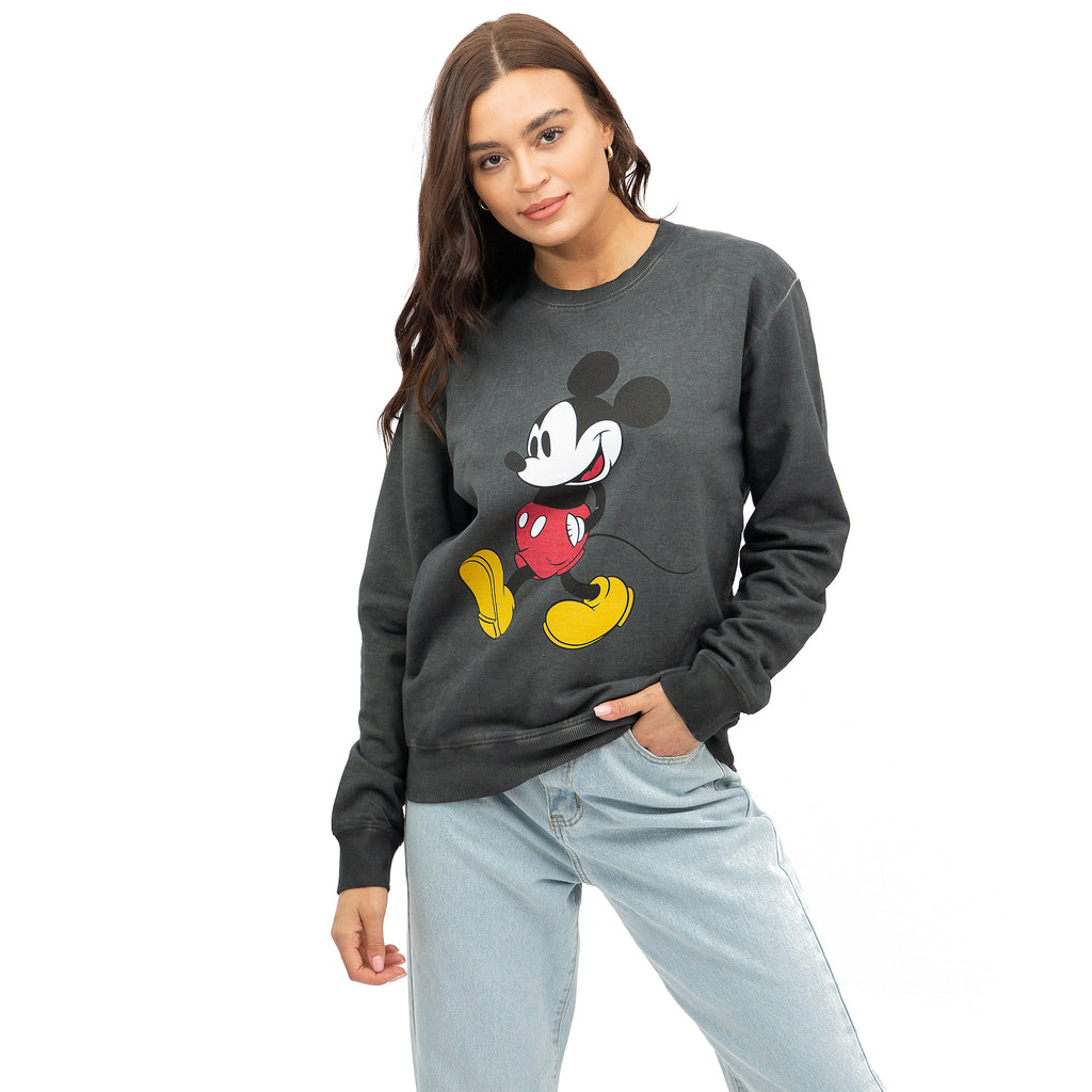 Disney Ladies - Mickey Mouse Strides - Washed Crew Sweat - Vintage Black