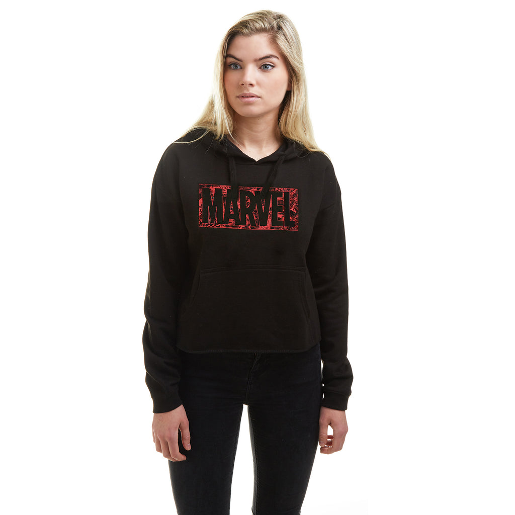 Marvel Ladies - Comic Logo - Cropped Pullover Hood - Black