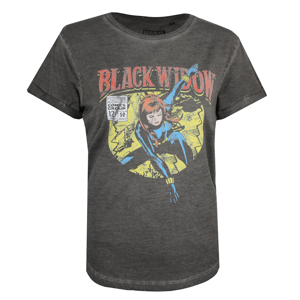 Marvel Ladies - Black Widow - Acid Wash T-shirt - Vintage Wash Charcoal