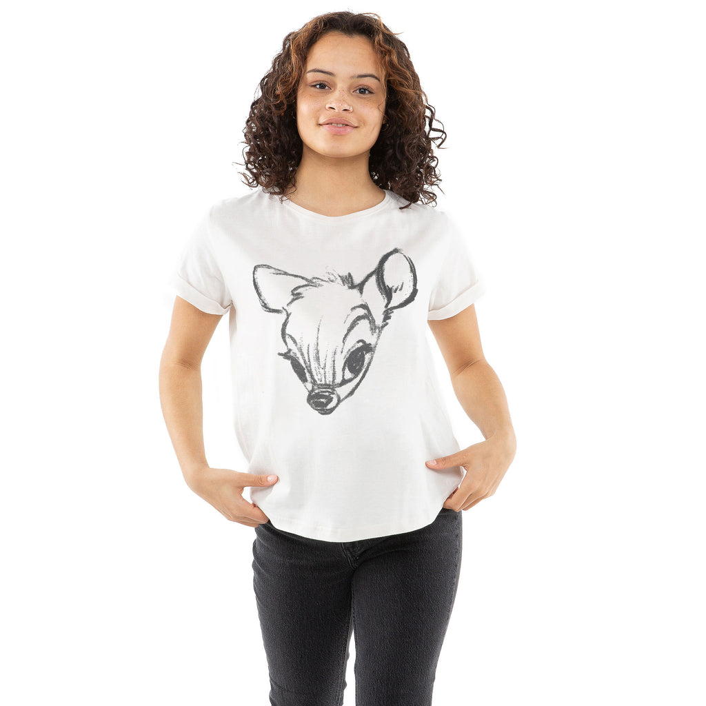 Disney Ladies - Bambi Face Sketch - T-shirt - Vintage White