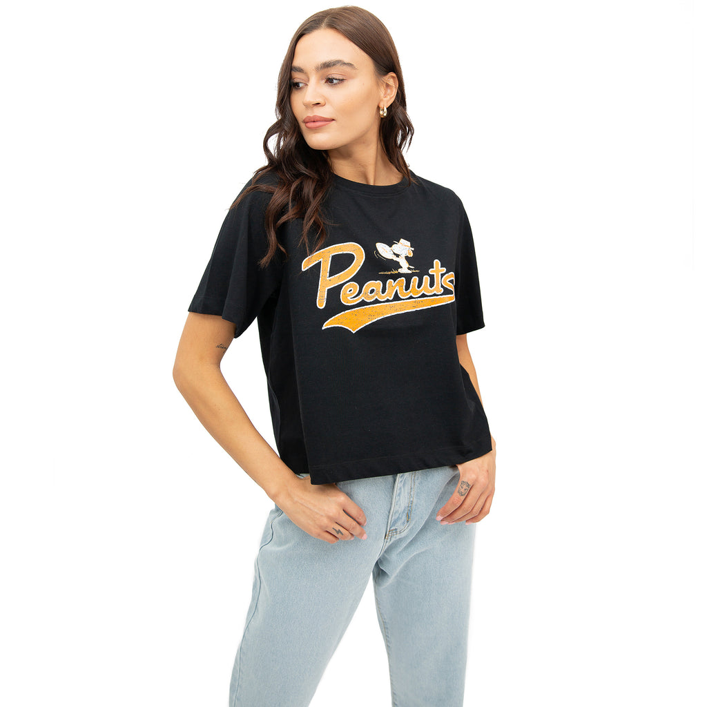 Peanuts Ladies - Varsity - Boxy Cropped T-shirt - Black