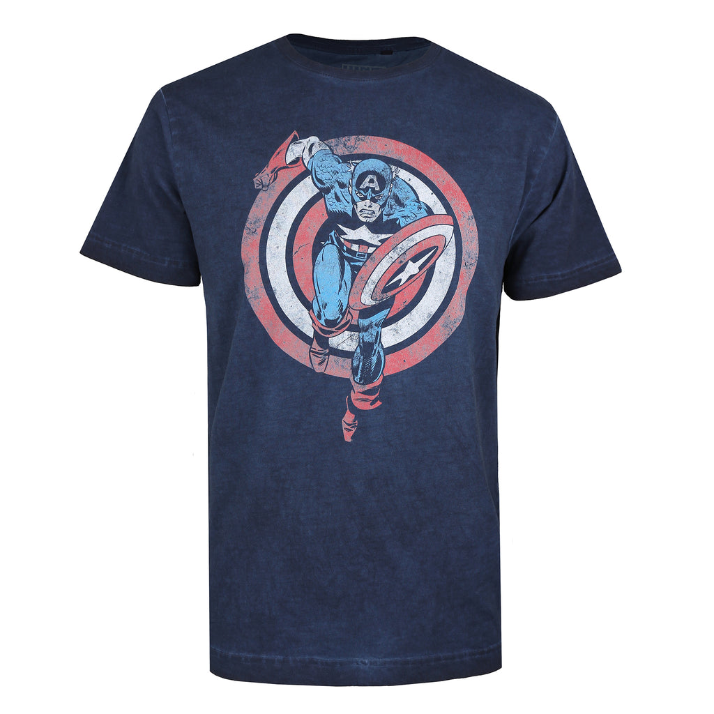 Marvel Mens - Shield Charge - Acid Wash T-shirt - Vintage Navy