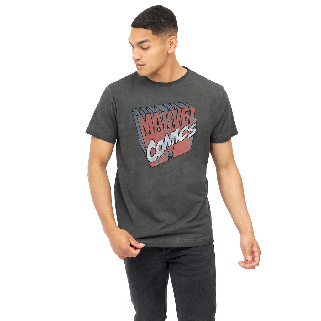 Marvel Mens - Retro 3D Logo - Acid Wash T-shirt - Vintage Black