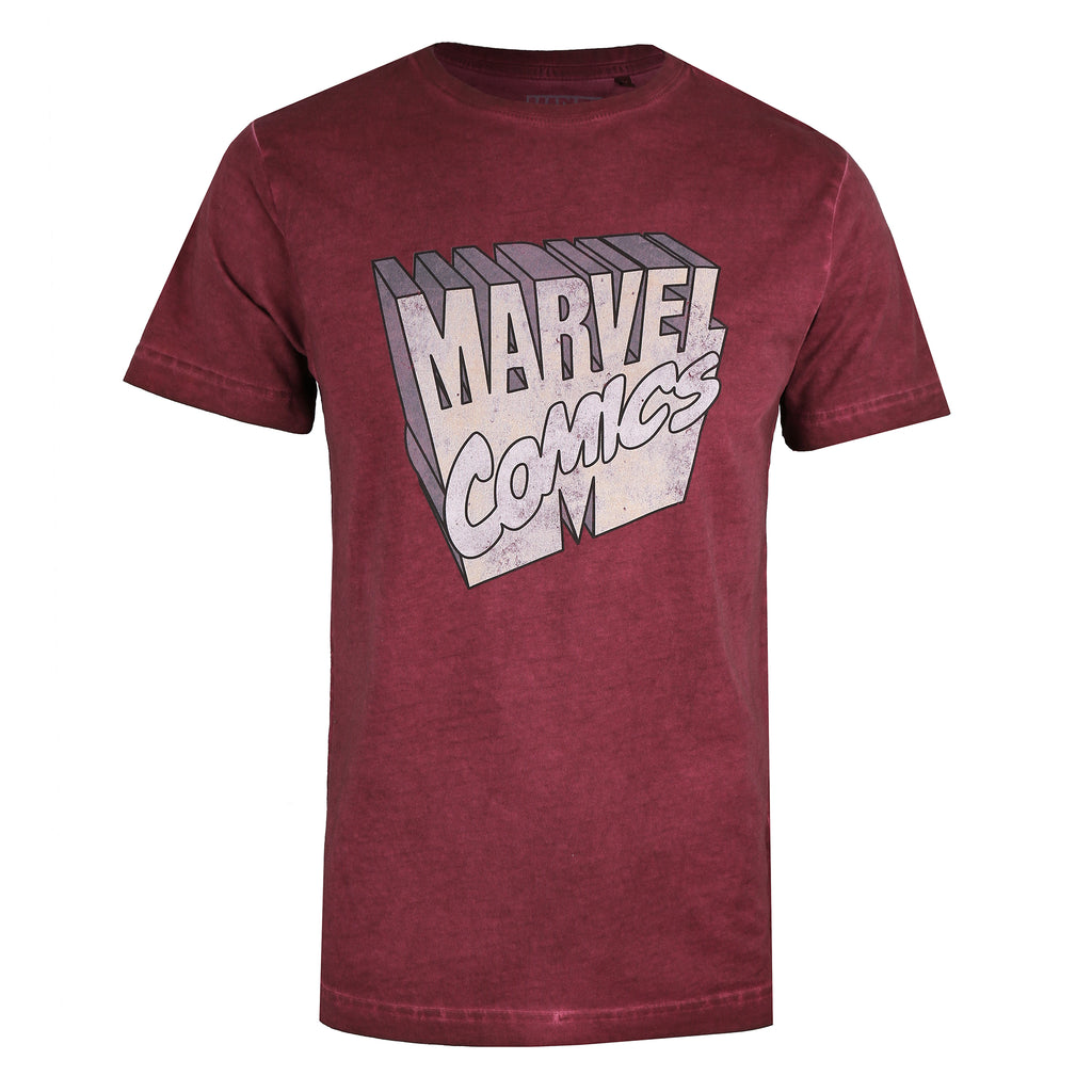 Marvel Mens - Retro 3D Logo - Acid Wash T-shirt - Vintage Burgundy