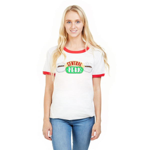 Friends Ladies - Central Perk - Ringer T-shirt - White/ Red