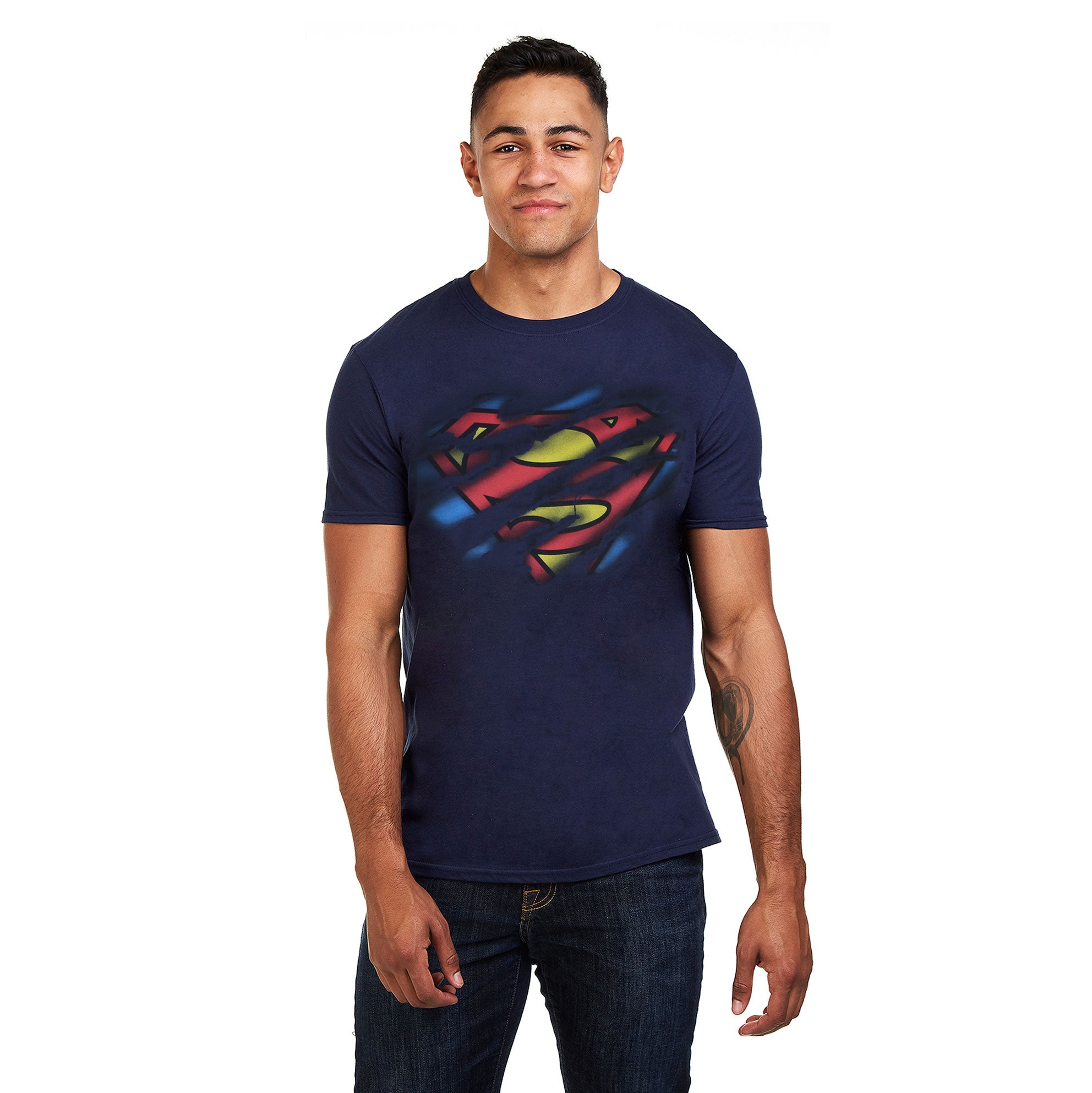 DC Comics Mens - Superman Torn Logo - T-Shirt - Navy