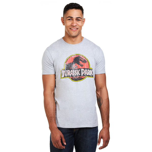 Jurassic Park Mens - Distressed Logo - T-Shirt - Grey Marl
