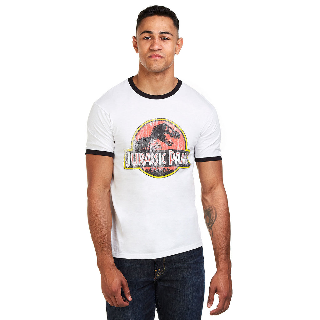 Jurassic Park Mens - Distressed Logo - T-shirt - White/Black