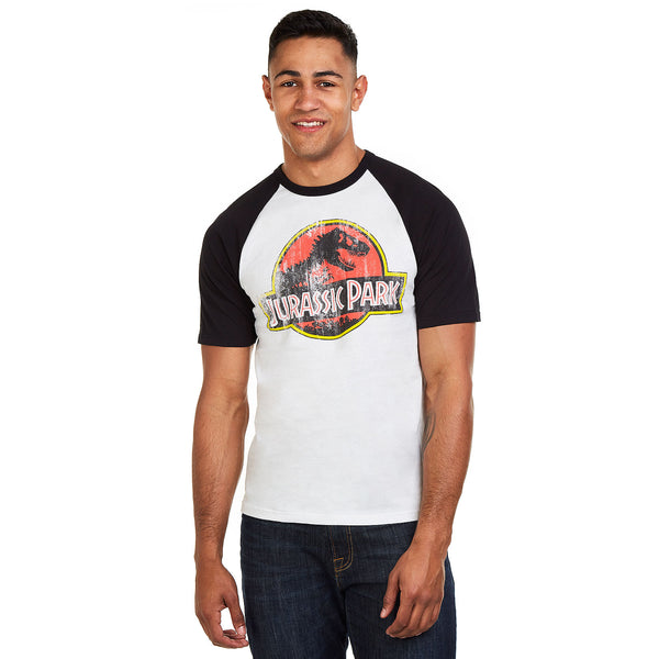 Jurassic Park Mens - Distressed Logo - Baseball T-shirt - White/Black