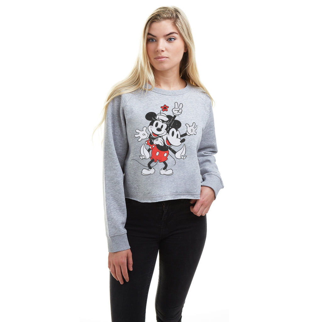 Disney Ladies - Mickey & Minnie Peace - Cropped Crew Sweat - Grey Heather