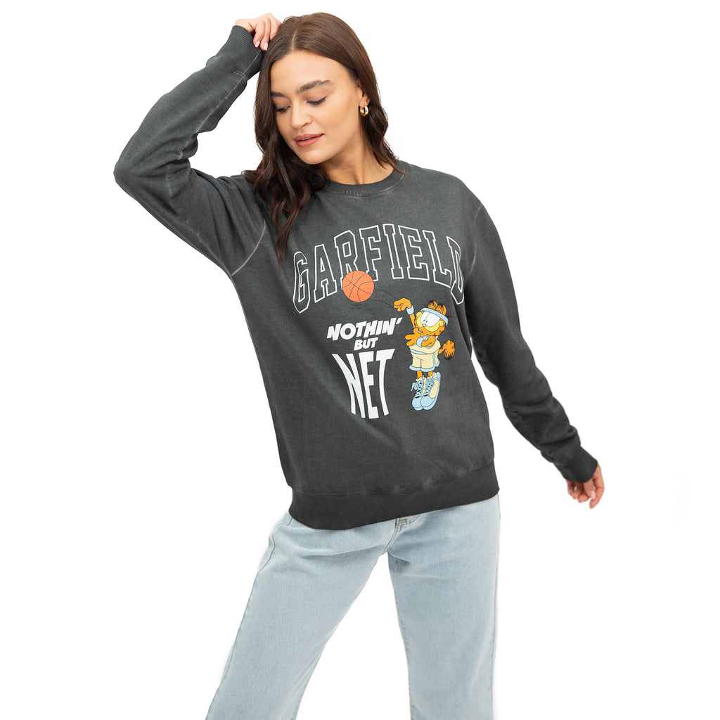 Garfield Ladies - Nothing But Net - Washed Crew Sweat - Vintage Black