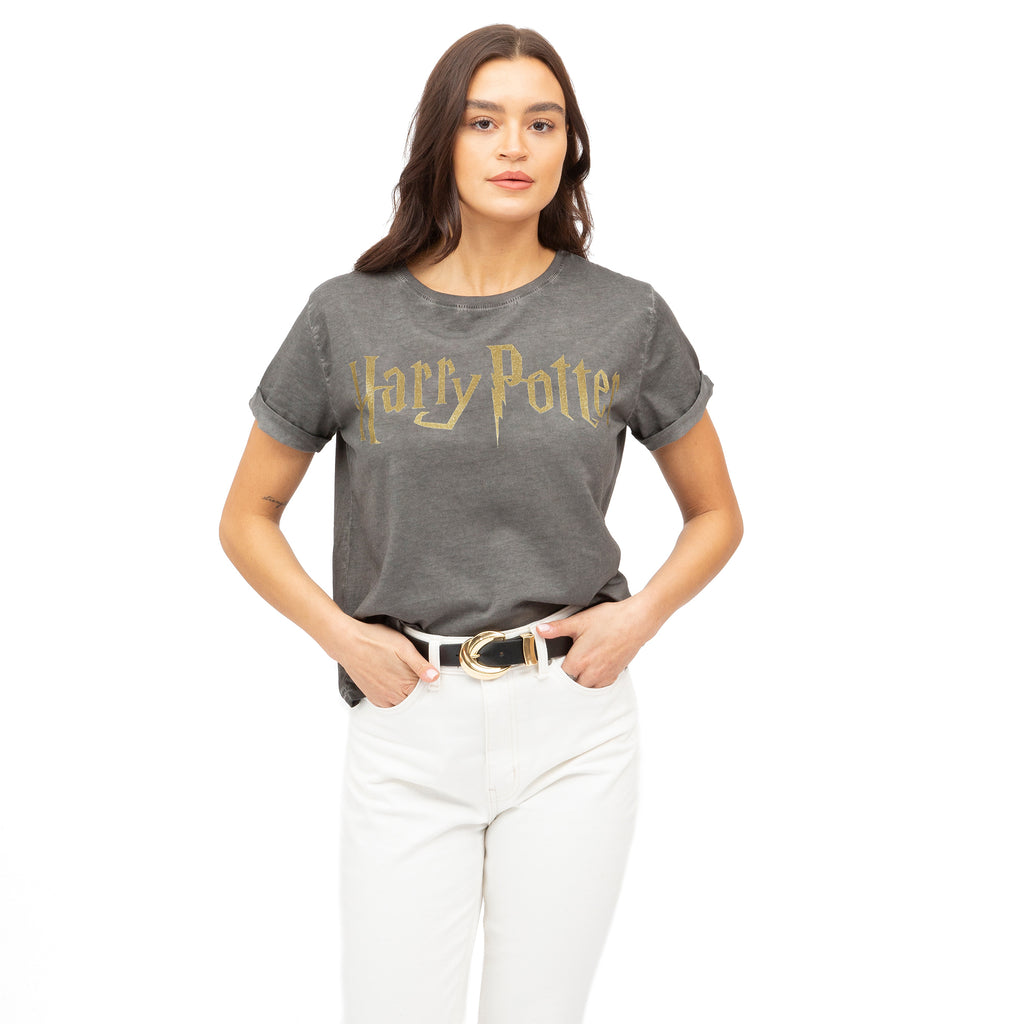 Harry Potter Ladies - Logo Metallic - Acid Wash T-shirt - Vintage Charcoal