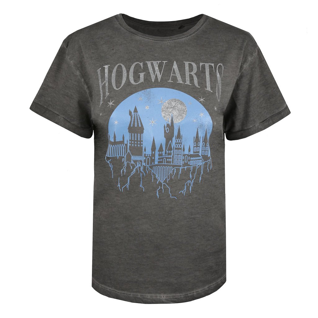 Harry Potter Ladies - Hogwarts Silhouette - Acid Wash T-shirt - Vintage Charcoal