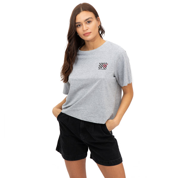 MTV Ladies - Check Print Logo - Boxy Cropped T-shirt - Heather Grey